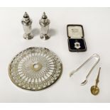 TWO SILVER SALT & PEPPER POTS WITH SILVER MEDAL, SUGAR TONGS & SPOONS ALONG WITH A SILVER WINE