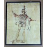 FRAMED DRAWING / WATERCOLOUR OF A MALE BALLET COSTUME 1600 SIGNED