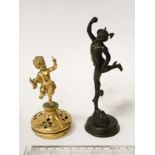 SMALL BRONZE OF MERCURY & GILDED CHERUB TOP - 16CM & 11CMS RESPECTIVELY