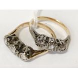 TWO THREE STONE DIAMOND RINGS - 18CT GOLD - SIZE K