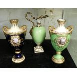 TWO LATE 19THC HAND PAINTED COALPORT URNS PLUS BLOOD DERBY URN A/F SLIGHT DAMAGE - HEIGHT 140MM