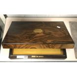 ROSEWOOD JEWELLERY BOX WITH BRASS CARTOUCHE - LENGTH 44CM & HEIGHT 12CM