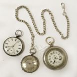 THREE SILVER POCKET WATCHES & A SILVER FOB CHAIN