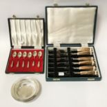 SIX HM SILVER SPOONS (CASED) & HM SILVER TRAY & 6 STEAK KNIVES