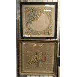 EARLY SILK FRAMED PICTURE 1899 & EARLY FRAMED WOOL WORK - BOTH APPROX. 50CM
