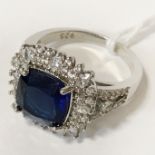 SILVER RING WITH BLUE CENTRE STONE - SIZE R