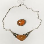 SILVER & AMBER SET NECKLACE & BROOCH