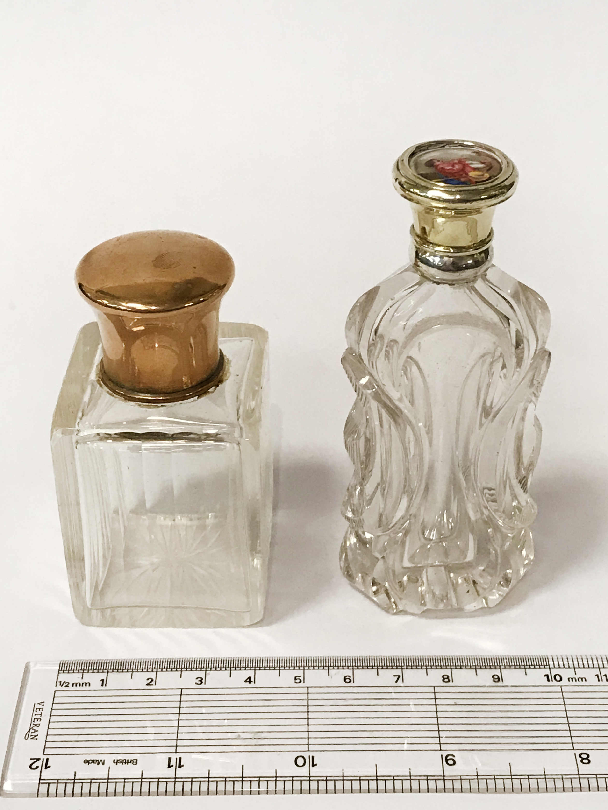 SILVER GILT PERFUME BOTTLE WITH HAND PAINTED MINIATURE & 1 OTHER - 8CMS & 10CMS