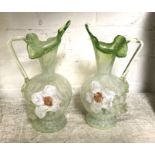 PAIR OF EARLY (POSSIBLY FRENCH) VASELINE GLASS FLORAL WATER JUGS - 8'' HIGH