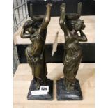 PAIR BRONZE LADIES ON MARBLE BASES - 30CM