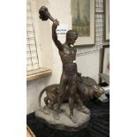 BRONZE LION & MAN ON STAND - 95CMS