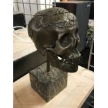 BRONZE SKULL ON MARBLE BASE - 35CM