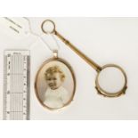 EARLY SIGNED RETOUCHED PHOTO OF A CHILD IN LEATHER DISPLAY CASE WITH GOLD PLATED LORGNETTE