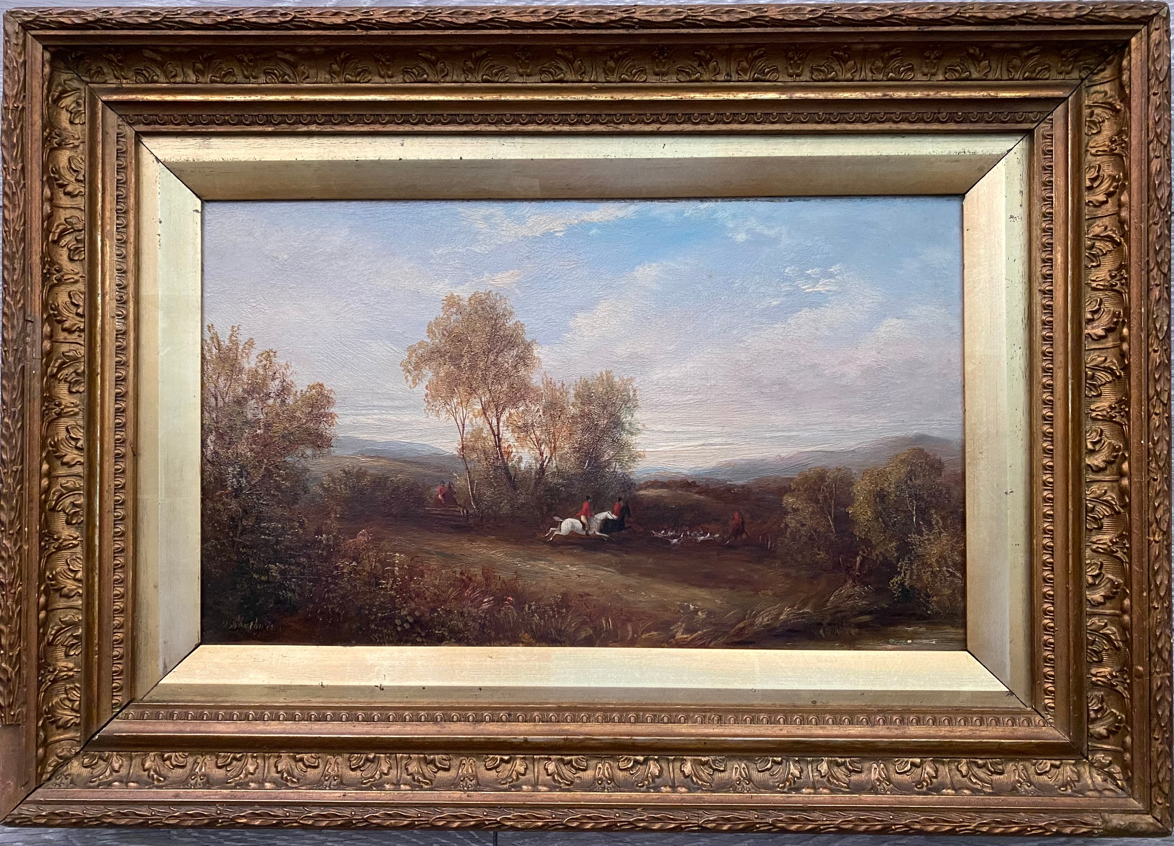 H. SHERBORNE 19THC OIL ON CANVAS - HUNTING PART ON THE SCENT - SIGNED LOWER LEFT (SIMILAR SOLD AT