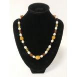 9CT GOLD PEARL & MIXED AMBER NECKLACE