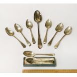 8 HM SILVER SPOONS & HM SILVER SERVING SPOON