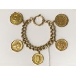 VINTAGE MULTO GOLD COINS BRACELET - 2 X 20 SWISS FRANC COINS, 1 AUSTRIAN DUCAT, 1 FULL SOVEREIGN,