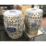 PAIR BLUE & WHITE BARREL STOOLS - 45CMS