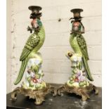 PAIR BRONZE & PORCELAIN PARROT CANDLE HOLDERS - EACH 35CMS