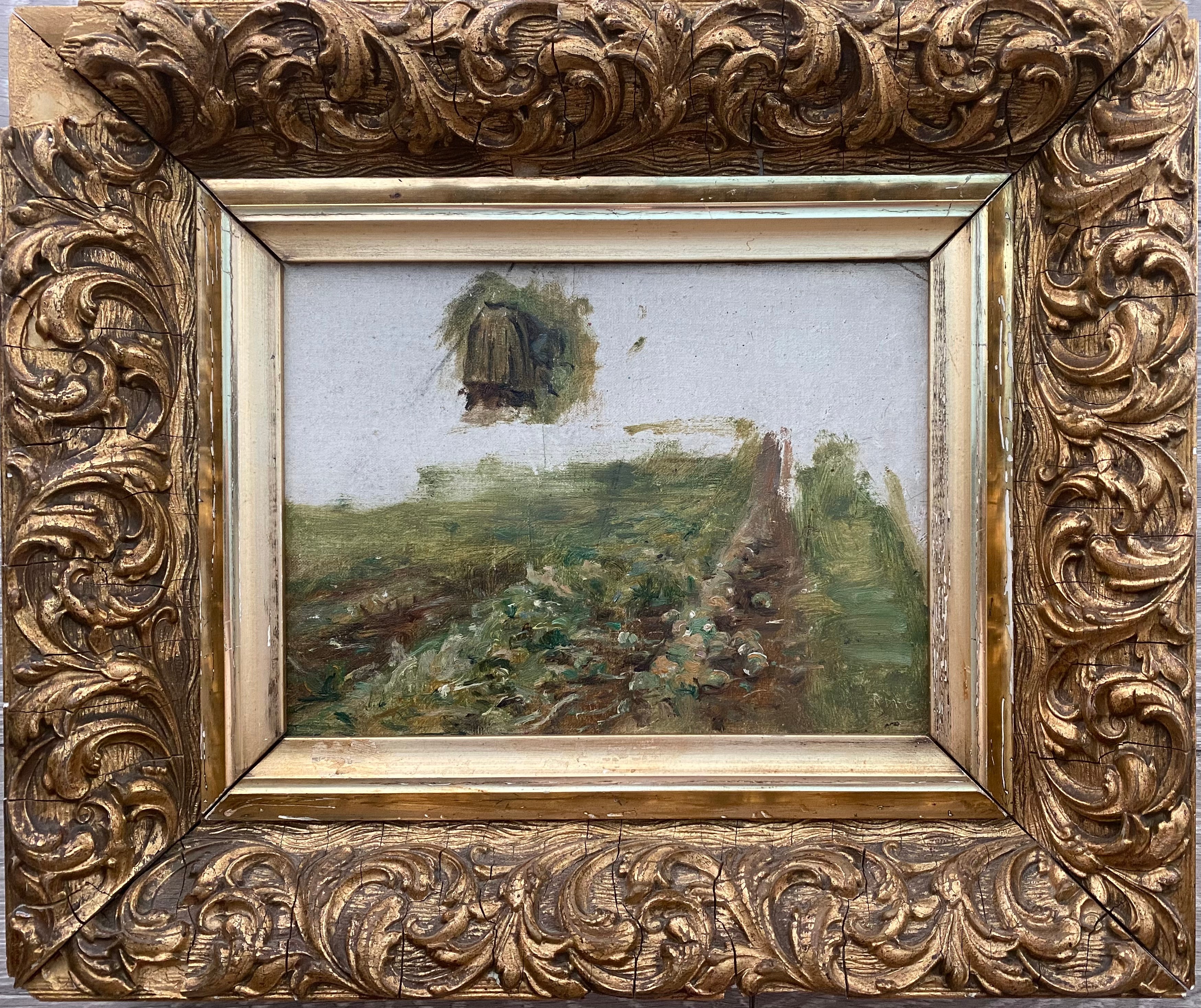 ROBERT MCGREGOR RSA 1848-1922 OIL ON BOARD - TENDING THE CABBAGE PATCH - SIGNED -18CM X 23CM