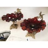 PAIR CRANBERRY GLASS COMPORTS WITH DRAGONS TO THE SIDE - 23CMS (H)