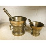 TWO BRASS PESTLE & MORTAR - LARGEST 12 CMS (H)