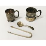 TWO SILVER CUPS & CADDY SPOON , SUGAR TONGS