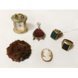 MIXED LOT OF ITEMS INCL. RNGS, CAMEO ,CLOCK WATCH ETC