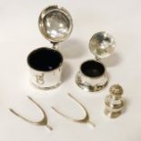 TWO HM SILVER SALTS, 2 HM SILVER SUGAR TONGS & HM SILVER SALT