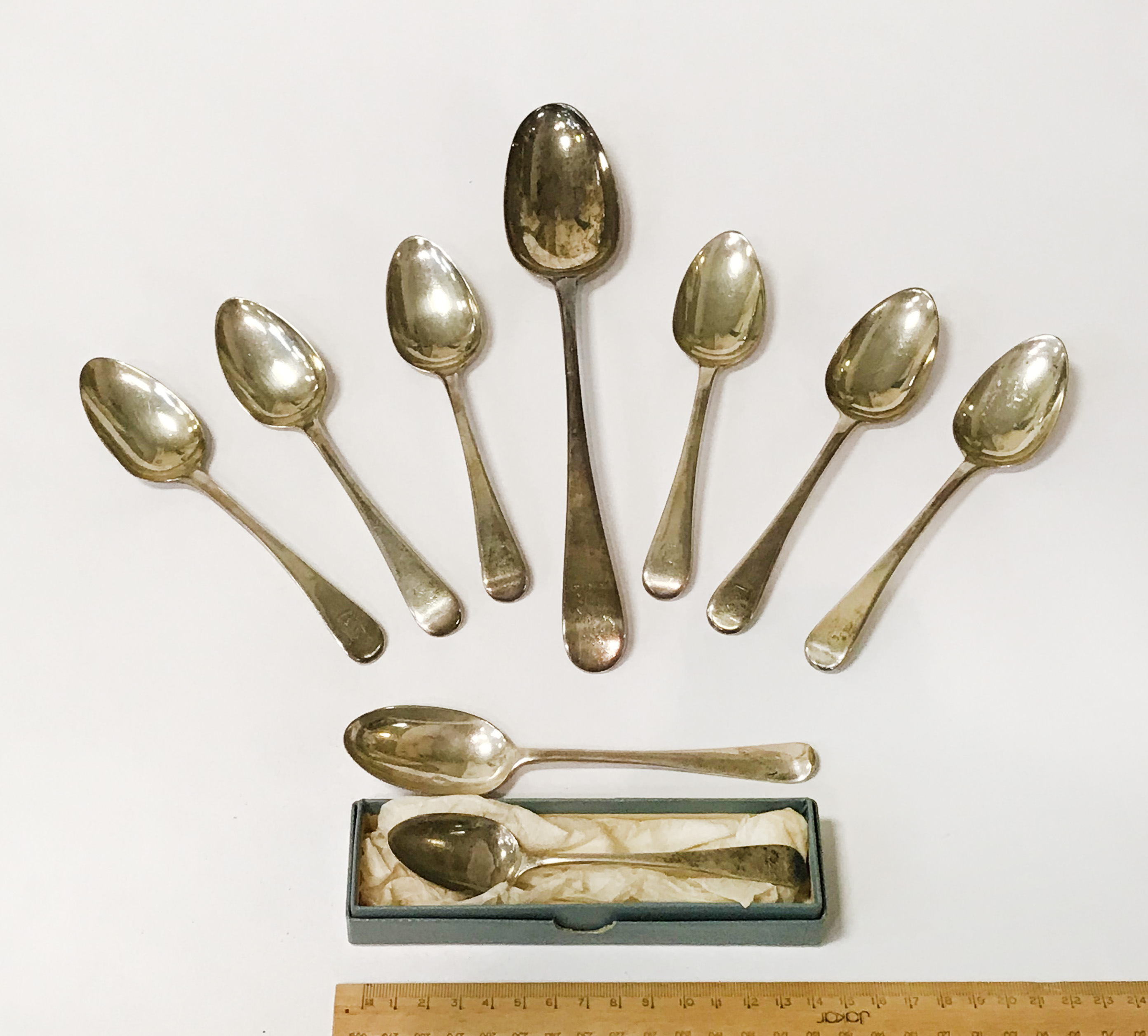 H/M SILVER GEORGIAN SERVING SPOON WITH 6 H/M SILVER GEORGIAN DESSERT SPOONS WITH 2 OTHER SPOONS OF A