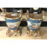 PAIR GILT BRONZE SEVRES STYLE CACHE POTS - 33CM X 17CM