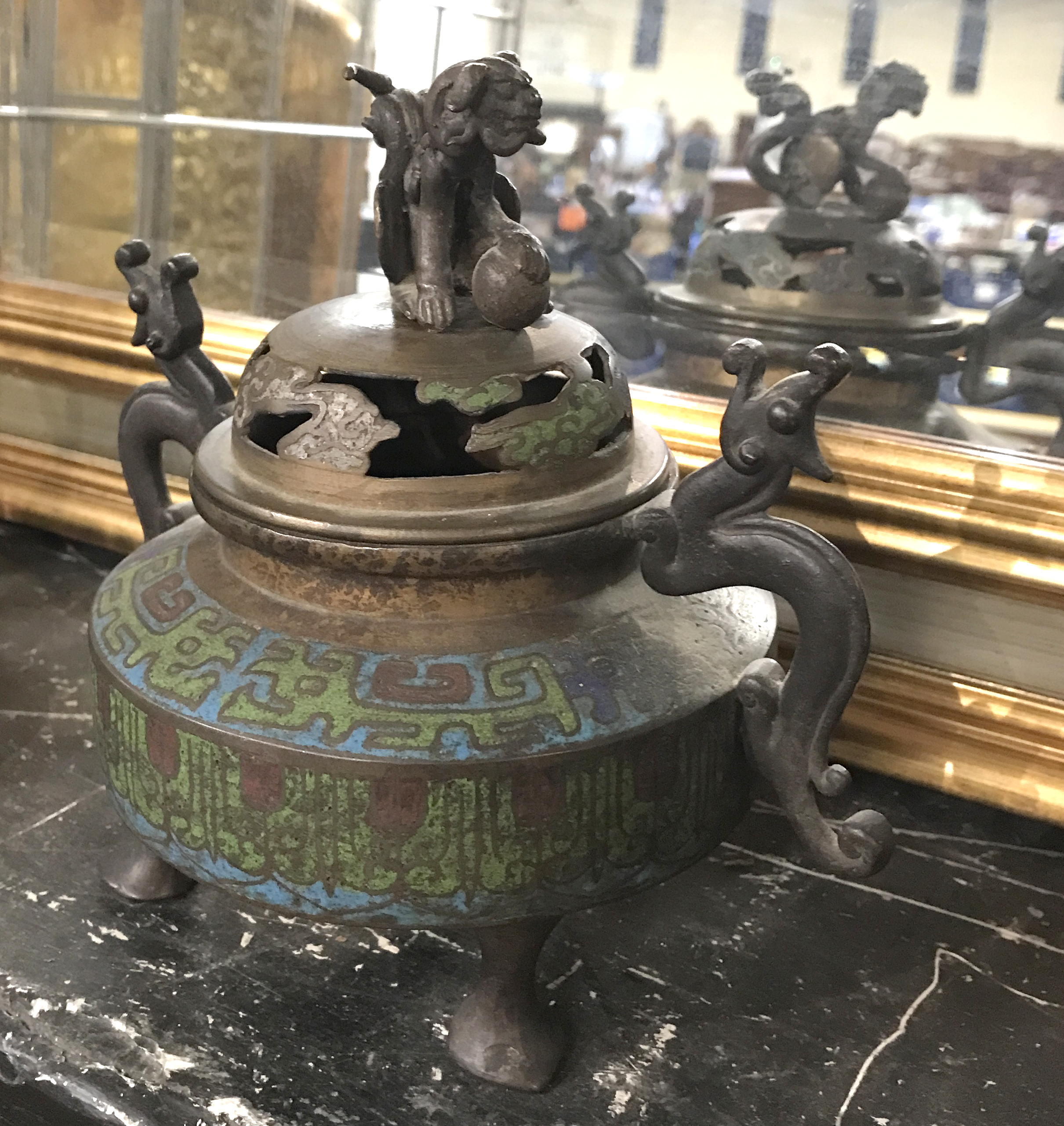 CHINESE BRONZE & CLOISONNE CENSER - 19CM X 19CM