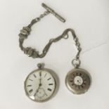 TWO SILVER POCKET WATCHES WITH FOB CHAIN