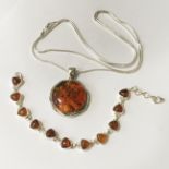 STERLING SILVER LARGE BALTIC AMBER PENDANT & BRACELET