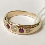 18CT GOLD RING - SET 2 RUBIES & 3 DIAMONDS - SIZE O