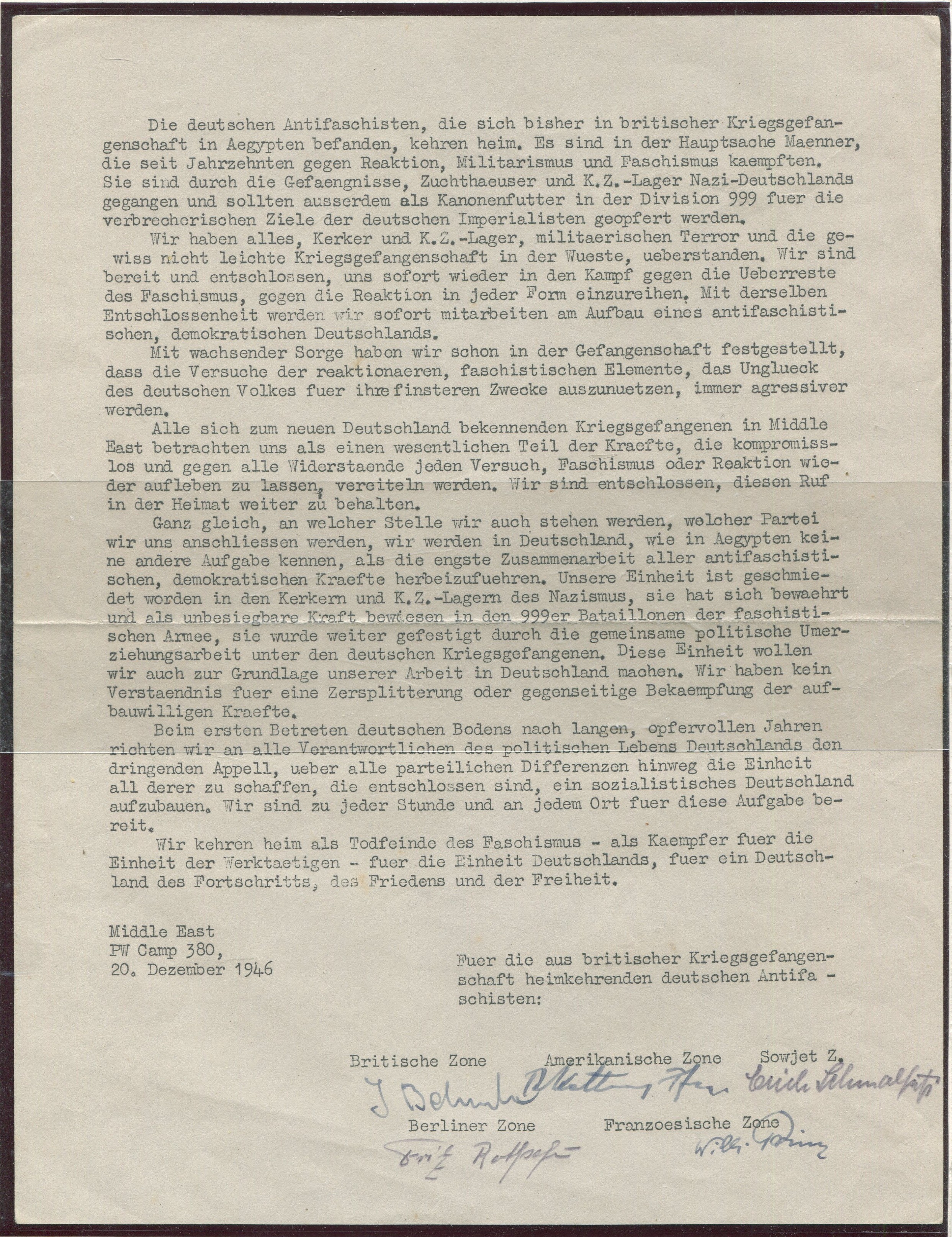 1946 ORIGINAL LETTER MIDDLE EAST PW CAMP 380 GERMAN ANTI-FASCIST SUPPLIED WITH HISTORICAL DETAILS