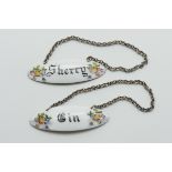 PAIR OF HALLMARKED SILVER AND ENAMEL DECANTER LABELS (SHERRY & GIN)
