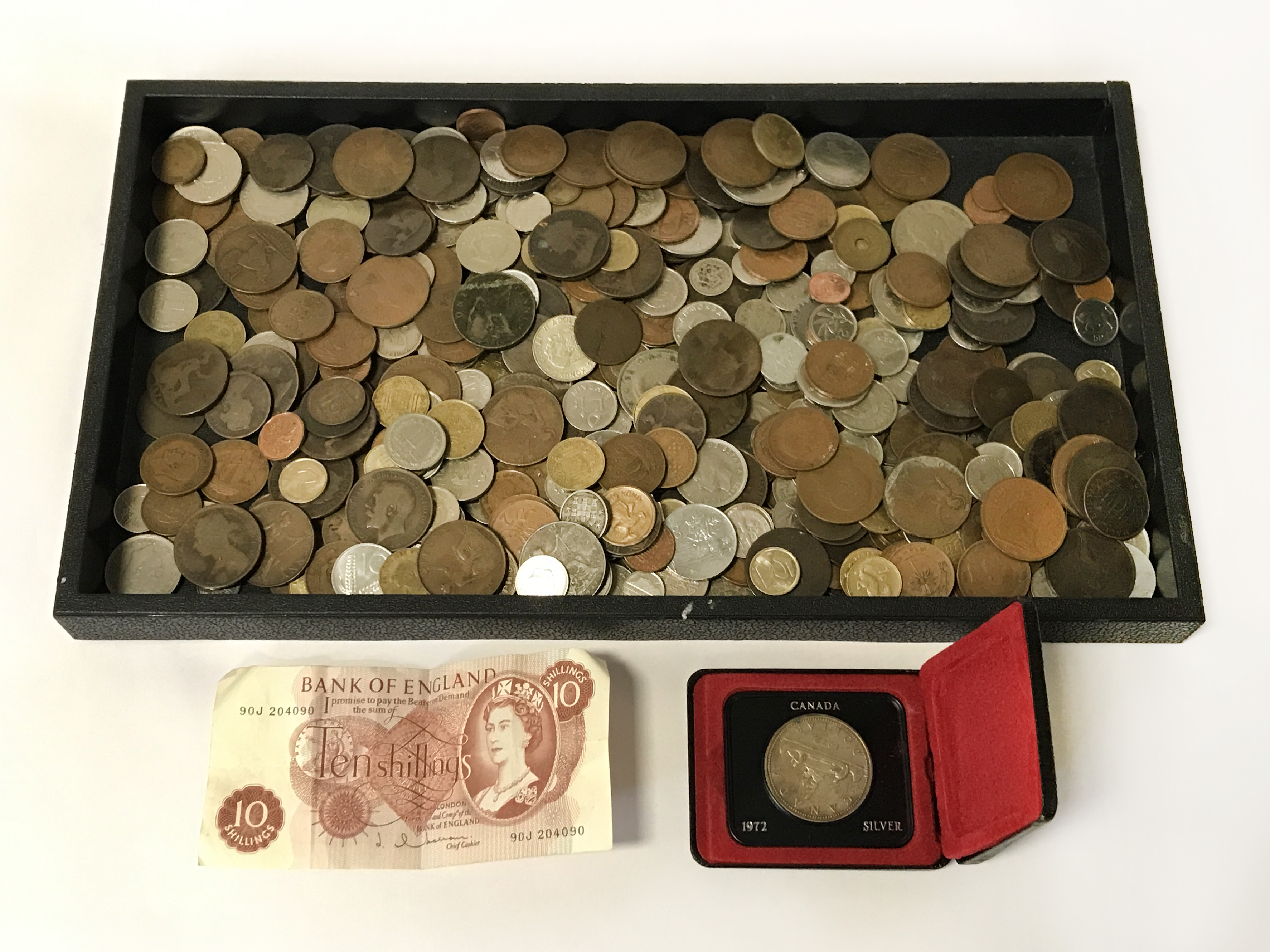 QTY COINS INCL. SILVER DOLLAR & 10 SHILLING NOTE