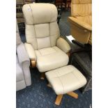 CREAM LEATHER SWIVEL RECLINER WITH STOOL