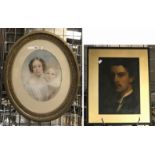 OVAL GILT FRAMED PASTEL - MOTHER & CHILD WITH OIL PAINTING - PORTRAIT OF A GENTLEMAN - 67 CMS X 57
