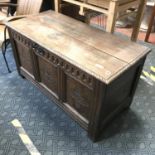 OAK CARVED COFFER WITH CANDLE HODLER