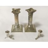 PAIR OF HM SILVER CANDLESTICKS - 1 DAMAGED & 2 NORWEGIAN SALT & PEPPER POTS CANDLESTICKS = 15 CMS