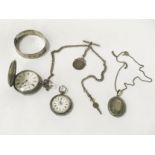 HM SILVER POCKET WATCH WITH FOB CHAIN & 1 SMALLER SILVER POCKET WATCH & SILVER BANGLE