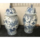 PAIR BLUE & WHITE FISH PATTERN GINGER JARS - 60CM HEIGHT