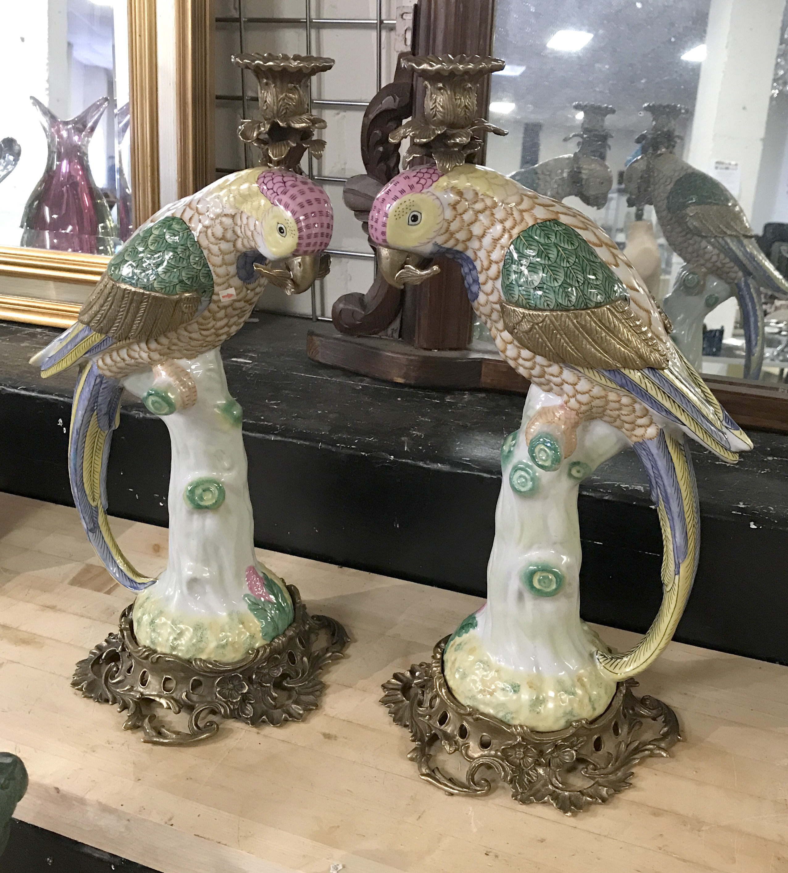 PAIR BRONZE & PORCELAIN PARROT CANDLE HOLDERS - 41CM HEIGHT