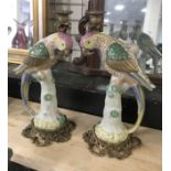 PAIR BRONZE & PORCELAIN PARROT CANDLE HOLDERS - 41CM HEIGHT