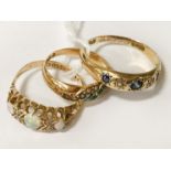 3 18CT GOLD & GEMSTONE, PEARL & DIAMOND CONTENT RINGS - SIZES 9/K/Q - 6.3 GRAMS