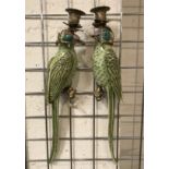 PAIR BRONZE & PORCELAIN WALL PARROT CANDLE HOLDERS - 48CM