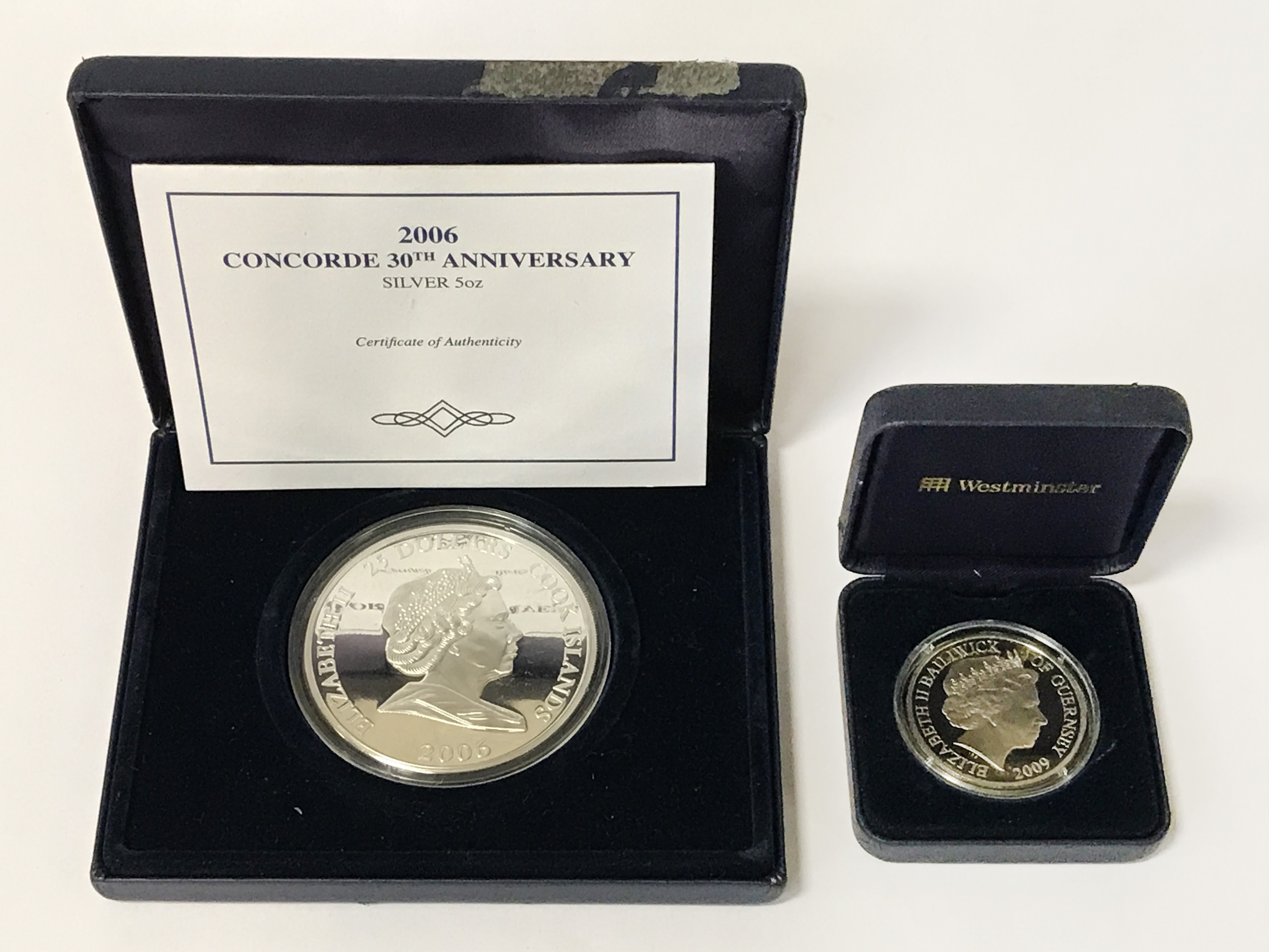 SILVER PROOF 30TH ANNIVERSARY CONCORDE COOKS ISLAND COIN & 1 OTHER SILVER COIN