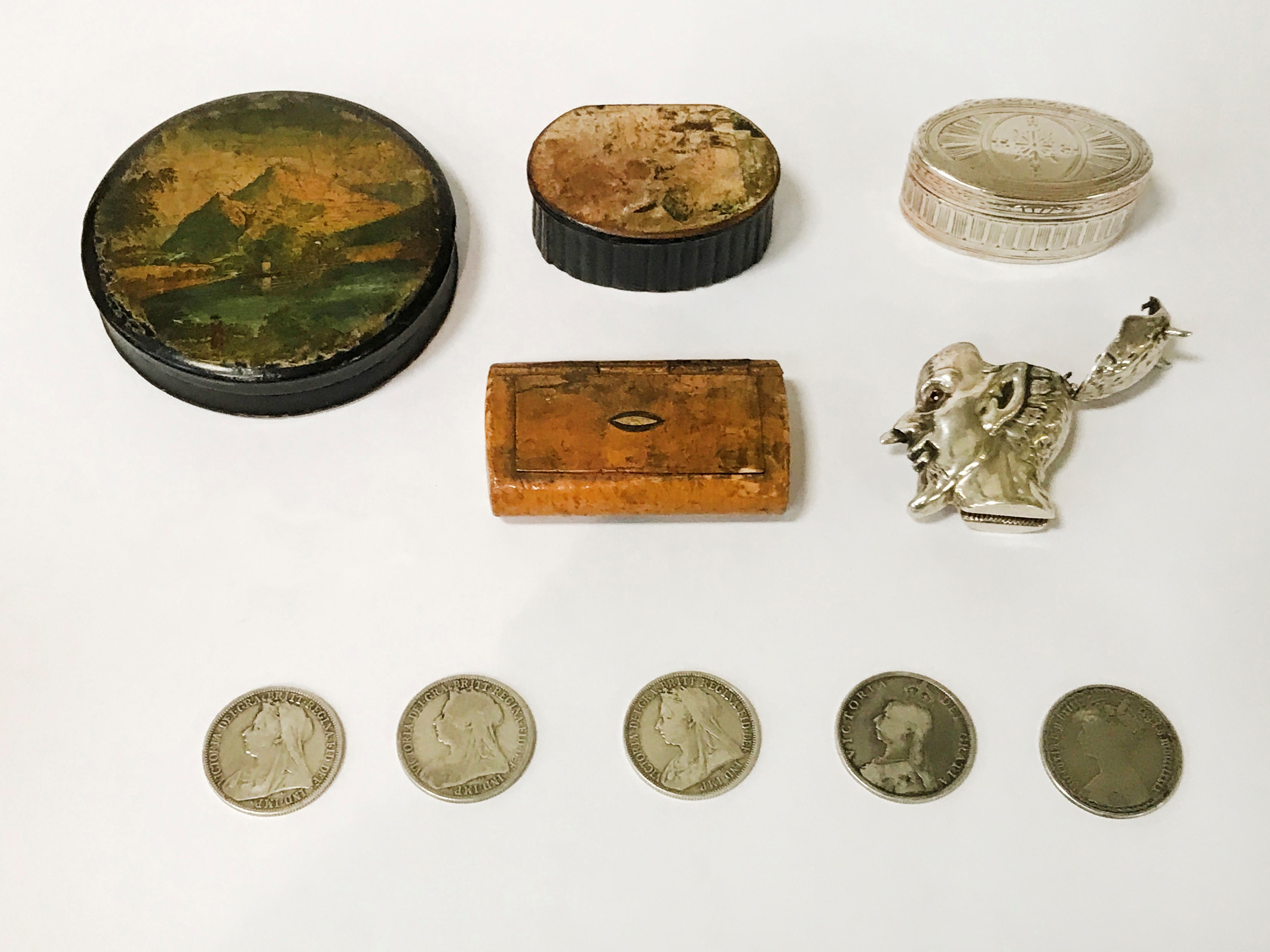 HM SILVER VESTA, THE DEVIL WITH RED EYES, 3 WOODEN SNUFF BOXES, 1 HM SILVER SNUFF BOX & 5